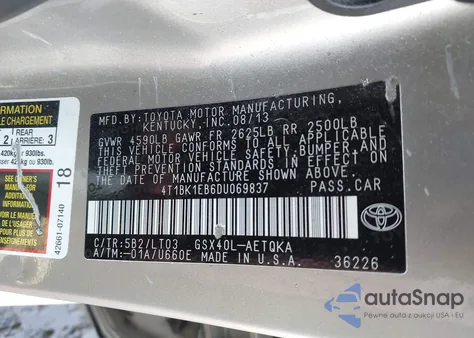 2013 Toyota Avalon Xle Touring z USA, uszkodzony, nr VIN 4T1BK1EB6DU069837